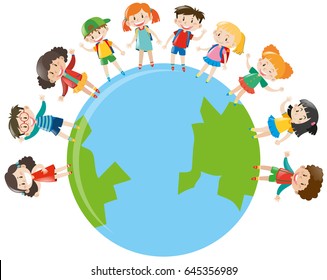 Happy children standing on earth illustration