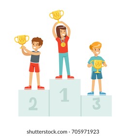 Happy children standing on the winner podium with prize cups and medals, sport athletes kids on pedestal cartoon vector Illustration