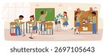 Happy children students cleaning classroom actively working together cartoon scene. Girls and boys cute kids of elementary age shared duties and respectful educational space vector illustration