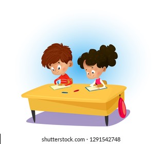 Happy children and students sitting at desk and learn classwork. Study kids concept. Vector illustration for website, advertisement, poster