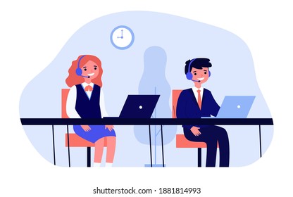 Happy children studying in computer class. Laptop, headset, IT flat vector illustration. Education and digital technology concept for banner, website design or landing web page