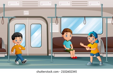 Happy children in subway train car illustration