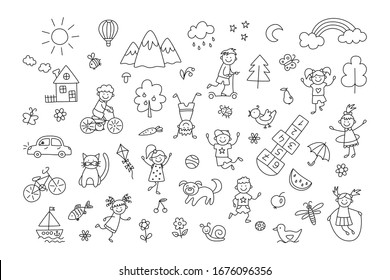 Happy children in summer park. Funny small kids play, run and jump. Set of elements in childish doodle style. Hand drawn vector illustration