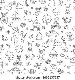 Happy children in summer park. Funny small kids play, run and jump. Seamless pattern in childish doodle style. Hand drawn vector illustration