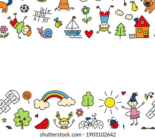 Happy Children In Summer Park. Funny Small Kids Play, Run And Jump. Color Background In Kid Doodle Style. Hand Drawn Vector Illustration