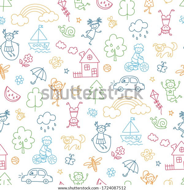 Happy children in summer\
park. Funny small kids play, run and jump. Color seamless pattern\
in childish doodle style. Hand drawn vector illustration on white\
background