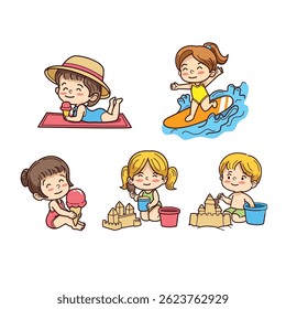 Happy children Summer vacation concept . Cute kids with different pose and activity. enjoying summer vacation with ice cream, sunbathing, surfing, and building sandcastles. vector and illustration.