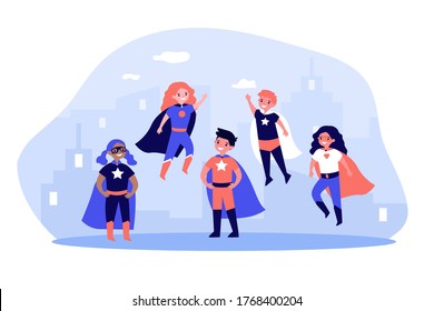 Happy children in super hero characters costumes. Kids playing comic superhero roles on city building roof. Vector illustration for carnival, comic book, entertainment, game concept