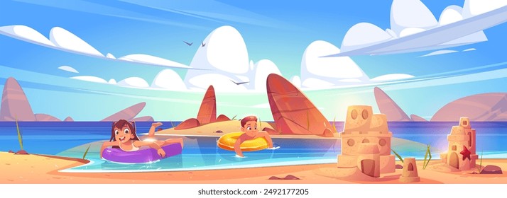 Happy children swimming with inflatable rings in lake or sea. Cartoon vector illustration of seaside landscape with sand castle on beach, rocky mountains and smiling floating kids boy and girl.