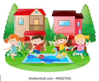 Happy children at the swimming pool illustration