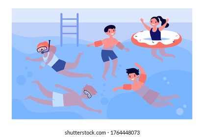 Niños felices en la piscina aislada ilustración vectorial plana. Niños dibujantes en ropa de baño jugando en el agua con amigos. El concepto de actividad veraniega y vacaciones