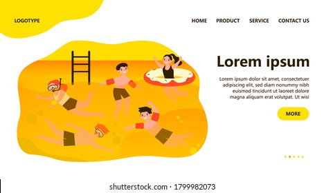Happy children in swimming pool isolated flat vector illustration. Cartoon kids in swimwear playing in water with friends. Summer activity and vacation concept
