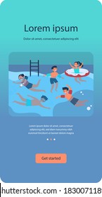 Happy children in swimming pool isolated flat vector illustration. Cartoon kids in swimwear playing in water with friends. Summer activity and vacation concept