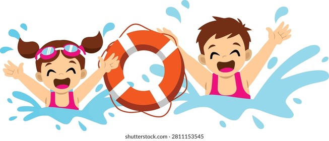 Happy children swimming in pool with life buoy vector illustration