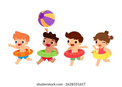 Happy children in swimwear with inflatable ring and beach ball at the beach or pool party. Summer holiday children activity concept.