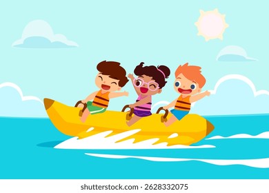 happy children in swimwear with life jacket riding banana boat on summer holiday.