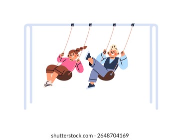 Happy children swing on playground together. Kids sit, ride on hanging board in park. Little friends play, have fun in kindergarten, school yard. Flat isolated vector illustration on white background