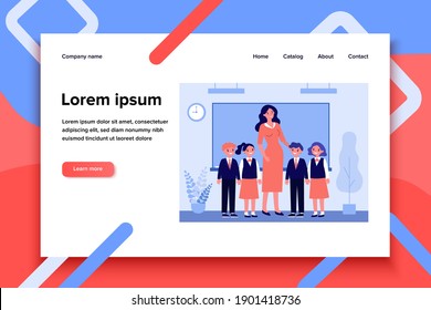 Happy children and teacher standing together in classroom. Class, classmates, pupils flat vector illustration. Primary school, education concept for banner, website design or landing web page