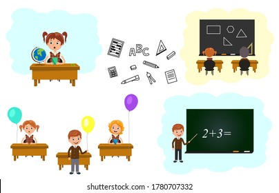 Happy children at their desks in the classroom with festive balls. Collection Vector illustration.