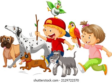 Happy children with their dogs illustration
