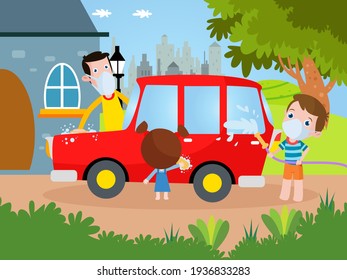 Happy children and their father washing a car at home during summer time