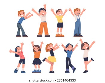 Happy Children with Their Hands Up Standing and Smiling Vector Set