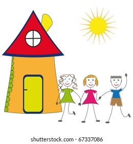 Happy children and their house