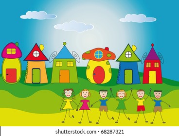 Happy children and their houses