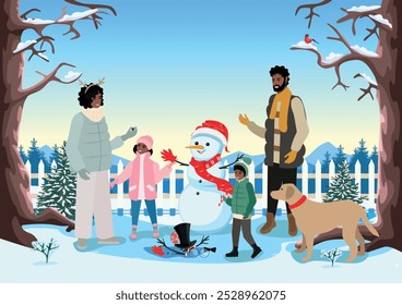 Happy children with their parents make a snowman and have fun. Active lifestyle. Beauty of winter nature. Vector illustration on abstract background.