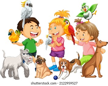 Happy children with their pets illustration