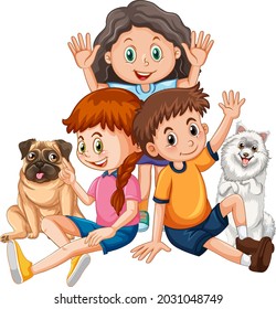 Happy children with their pets on white background illustration