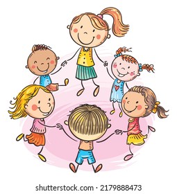 Happy children with their teacher dancing together, hand drawn cartoon clipart vector illustration