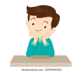 happy children thinking sitting and rest chin in hands