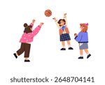 Happy children throw and catch ball on playground in park. Kids play sports game outdoors. Cute little girls have fun in school yard together. Flat isolated vector illustration on white background