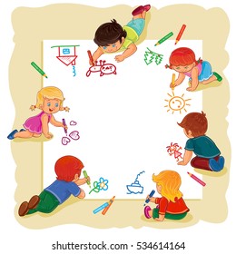 Happy children together draw on a large sheet of paper.