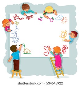 Happy children together draw on a large sheet of paper.