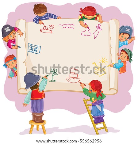 Happy children together draw on a large sheet of paper
