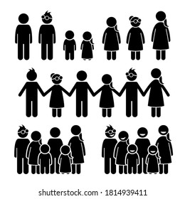 Happy children together stick figures icons. Vector illustrations concept of preschool, kindergarten, and elementary school kids standing together.