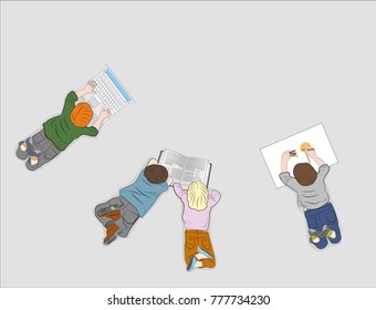 Happy children. Top view. Each child is busy with their own business. reading a book, drawing, working with a computer. vector illustration.