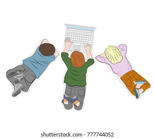Happy children. Top view. work with computer. vector illustration.