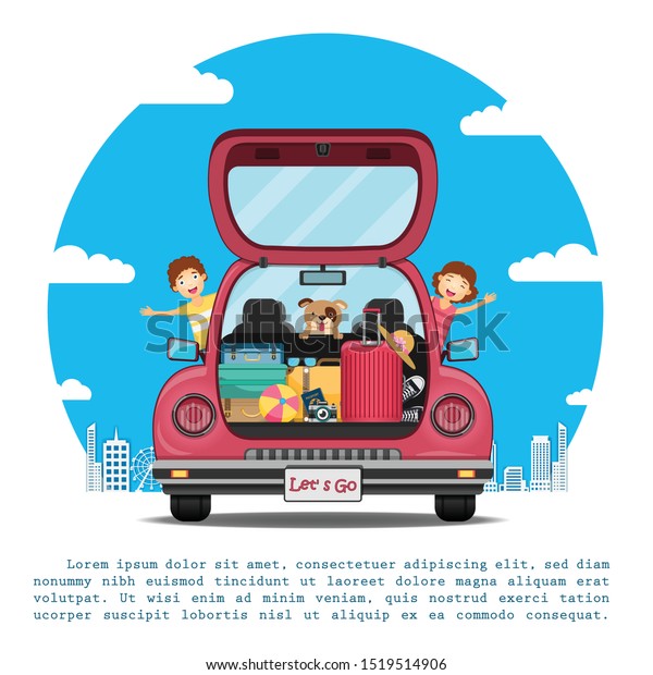 happy children\
traveler and dog on red trunk car back with check in point travel\
around the world concept on background Design. content paper art,\
vector, banner, Card,\
Poster,