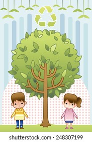 Happy Children with a tree on a background with blue stripe and pink dot patterns : vector illustration