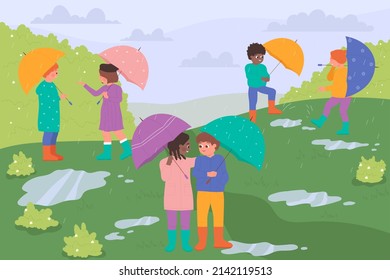 Happy children with umbrellas, coats and rubber boots walk under rain in city park or green garden vector illustration. Cartoon girls and boys enjoy rainy day background. Weather, childhood concept