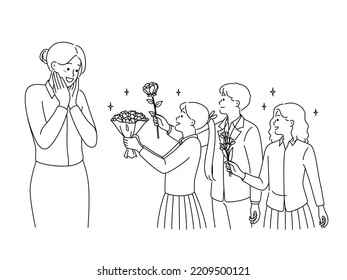 Happy children in uniform greeting excited young teacher presenting flowers. Smiling kids congratulate female tutor at school. Vector illustration. 