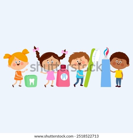 Happy children using dental hygiene objects. A toothbrush, toothpaste, dental floss and mouth wash. Kids at the dentist brushing teeth. Oral health care. Vector illustration