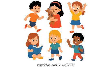 Happy Children Vector Illustration – Cute Kids in Playful Poses, Colorful Outfits, and Joyful Expressions for Educational and Family Outdoor Sports and Activities