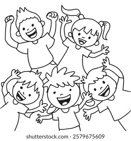 Happy children. Vector illustration of a group of happy kids jumping. Black and white.