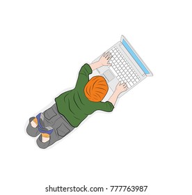 Happy children. View from above. the child works with a computer. vector illustration.