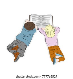 Happy children. View from above. children read a book. vector illustration.