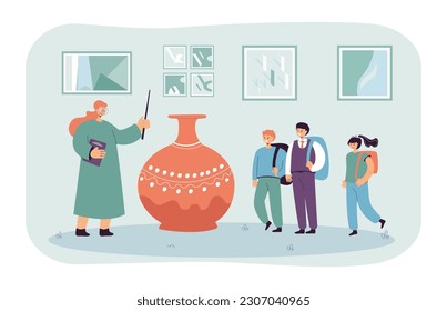 Happy children visiting museum vector illustration. Teacher conducting excursion for students, showing ancient vase and paintings. Culture, art, education, mythology concept